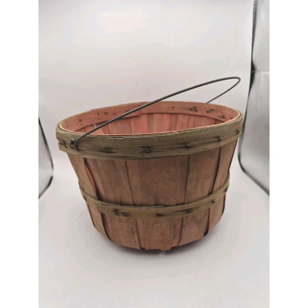 Vintage Wooden Apple Basket With Metal Handle Rustic Farmhouse Decor